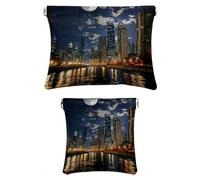 2 pezzi Ecopelle Pocket Box, Piccolo Sacchetto Trucco, Impermeabile Mini Bag Borsa, Portatile Squeeze Top Cosmetici, Night Landscape City Moon, Motivo: 4154, 7.1x5.8in/4.7x4.5in