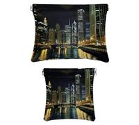 2 pezzi Ecopelle Pocket Box, Piccolo Sacchetto Trucco, Impermeabile Mini Bag Borsa, Portatile Squeeze Top Cosmetici, Night Landscape City Moon, Motivo: 4155, 7.1x5.8in/4.7x4.5in