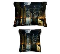 2 pezzi Ecopelle Pocket Box, Piccolo Sacchetto Trucco, Impermeabile Mini Bag Borsa, Portatile Squeeze Top Cosmetici, Night Landscape City Moon, Motivo: 4153, 7.1x5.8in/4.7x4.5in