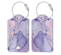 [2 Pezzi] Etichette per Bagagli, Fintie ID Etichetta Cover con Acciaio Inossidabile Loop e Scheda Indirizzo per Viaggio Valigie Tag Borsa, Lilla Marble