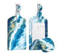 [2 Pezzi] Etichette per Bagagli, Fintie Viaggio bagagli Tag in Similpelle con Copertina Posteriore per la Borsa da Viaggio, Oceano Blu