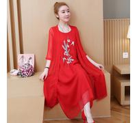 2 Pezzi Etnico Donna Ricamato Chiffon Abito 3/4 Maniche Scialle Canotta Estivo