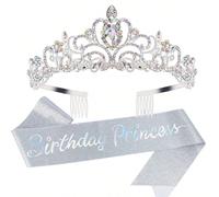 2 pezzi Fascia per capelli con corona d'argento per compleanno + Fascia da principessa per compleanno, Set di decorazioni per festa di compleanno da donna Tagli UnicaLega di zinco