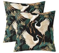2 pezzi Federe con gru e motivi floreali, foglie di pino, cuscino con stampa di animali e piante, decorazione country per la casa, verde, bianco, giallo, rosso su un lato solo, senza inserto per cusci