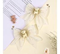 2 pezzi Fermagli per capelli a fiocco con orsetto cartoni animati per ragazze, in velluto beige, con molletta a coccodrillo, strass argento, accessori per capelli adorabili con orsetto, con pon pon ma