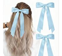 2 pezzi Fermagli per capelli a fiocco per donne, fermagli per capelli a fiocco blu in nastro raso con coda lunga, accessori per capelli per feste, stagione back-to-school, accessori per la testa, moll