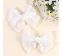 2 pezzi Fermagli per capelli con fiocco in rete bianca, adatti per bambine piccole, fermagli per capelli con fiocco ricamato con fiori bianchi, fermagli per capelli con fiocco di colore solido, comple