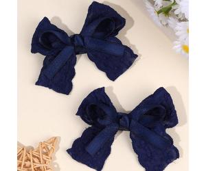 2 pezzi Fermagli per capelli per ragazze blu navy, fermagli per capelli con fiocco ricamato blu navy, fermagli a cocca in raso di colore solido, fermagli per capelli in pizzo e tessuto per ragazze, ac