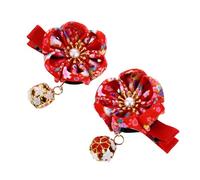 2 Pezzi Fermaglio per Chioma in Stile Giapponese, Decorazione Rossa | Ornamento Floreale Lega, Plastico e Stoffa, Design Semplice e Grazioso per Feste