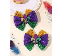 2 pezzi Fiocchi per capelli glitterati per il Mardi Gras per ragazze, viola verde giallo, fermagli per capelli per la celebrazione del Mardi Gras, costume da circo e carnevale, accessori per capelli c