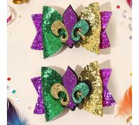 2 pezzi Fiocchi per capelli glitterati per il Mardi Gras per ragazze, viola verde giallo, fermagli per capelli per la celebrazione del Mardi Gras, costume da circo e carnevale, accessori per capelli c