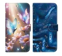 2 pezzi Flip Folio PU Pelle Portafoglio per Samsung Galaxy A15 Cover con Farfalle fluorescenti con effetto 3D + Fluidi degli abissi marini Flip Cover Colorata Wallet Case per Samsung Galaxy A15