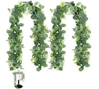 2 Pezzi Ghirlanda di Eucalipto Artificiale 1.8m, Eucalipto Ghirlanda, Eucalipto Artificiale Ghirlanda con Fiori Bianchi, Vite di Eucalipto Piante per Matrimoni, Soggiorno, Balcone e Porte