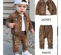 2 pezzi Giacca di jeans marrone strappata e jeans aderenti elasticizzati per bambino, Ognissanti e nero per la scuola 6-9M,9-12M,12-18M,18-24M,2-3YAnimaleDenim