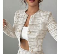 2 pezzi Giacca lunga a doppio petto a quadri con maniche lunghe abbinata a pantaloni dritti larghi, elegante e raffinata per uso quotidiano, autunno/inverno L,M,S,XLColore unicoTessuto in maglia