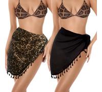 2 Pezzi Gonna da Spiaggia Sarong Donna Spiaggia Wrap Grande Chiffon Gonna da Spiaggia con Frange Pareo da Spiaggia Avvolgente da Donna in Chiffon,Copricostume,gonne avvolgenti(Nero, Stampa Leopardata)