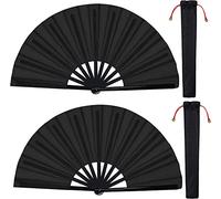 2 pezzi Grande Pieghevole Seta Mano Scomparti Cinese Tai Chi Pieghevole Ventaglio di Nylon Panno Cinese Kung Fu Fan con Supporto Manica per Prestazioni Danza Decorazioni Festival (Nero)