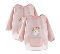 2 Pezzi Grembiule da Pittura Bambini Impermeabile per 8-11 Anni, Grembiule Asilo Bambina con Tasche a Maniche Lunghe, Materiale Tpu Sicuro per Pittura Cucina Dipingere Giocare e Mangiare , Rosa