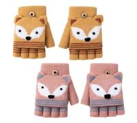 2 pezzi guanti senza dita per bambini con cartoni animati, muffole convertibili a ribaltamento, guanti a maglia a ribaltamento, guanti invernali per ragazzi e ragazze (beige, rosa)