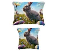 2 pezzi in ecopelle Pocket Box, piccolo sacchetto di trucco, mini tasca tasca, Shrapnel chiusura gioielli sacchetto di immagazzinaggio borsa, Easter Bunny Egg Farm, Motivo: 2454, 7.1x5.8in/4.7x4.5in
