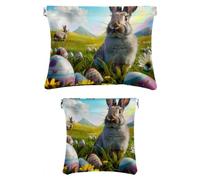 2 pezzi in ecopelle Pocket Box, piccolo sacchetto di trucco, mini tasca tasca, Shrapnel chiusura gioielli sacchetto di immagazzinaggio borsa, Easter Bunny Egg Farm, Motivo: 2453, 7.1x5.8in/4.7x4.5in