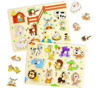 2 Pezzi Incastri in Legno per Bambini,Puzzle per Riconoscere Le Forme Degli Animali,Puzzle Animali Fattoria,Puzzle Legno Bambini,Regalo per Ragazze e Ragazzi Dai 2 Anni in Su