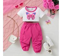 2 Pezzi Insieme Per Bambina Primavera Estate T-shirt Stampa Farfalla Rosa A Manica Corta E Pantaloni Cargo Y2k Streetwear Outfit Casual Carino Per Uso Quotidiano 6-9M,9-12M,12-18M,18-24M,2-3Y,3-6MAnim