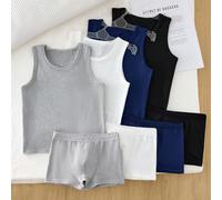 2 pezzi Intimo sportivo minimalista per bambini piccoli in nero, bianco, blu navy e grigio, strato di base che include canottiera e boxer, per uso casual estivo e quotidiano, realizzato in morbido mat