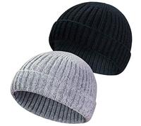2 Pezzi Inverno Lana Maglia Trawler Beanie Cappello Breve Pescatore Skullcap Knit Beanie Cap per Uomo/Donne nero + grigio chiaro. Taglia unica