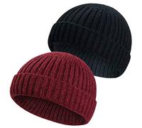 2 Pezzi Inverno Lana Maglia Trawler Beanie Cappello Breve Pescatore Skullcap Knit Beanie Cap per Uomo/Donne Nero + rosso vino. Taglia unica