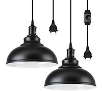2 Pezzi Lampadario a Sospensione con Spina, E27 Vintage Lampada a Sospensione con Cavo da 4.5M e Interruttore Regolabile, Industriale Lampadari Paralume Metallo Nero per Cucina Magazzino Fattoria