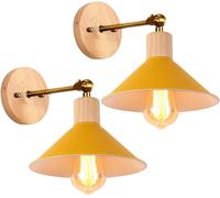 2 pezzi Lampade da Parete Interno Moderna Applique da Parete E27 Industriale Vintage Lampada a Muro Retrò in Metallo ø22cm Ruotabile 180° per Cucina Camera da Letto Soggiorno (Giallo - con legno)