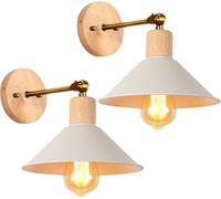 2 pezzi Lampade da Parete Interno Moderna Applique da Parete E27 Industriale Vintage Lampada a Muro Retrò in Metallo ø22cm Ruotabile 180° per Cucina Camera da Letto Soggiorno (Bianco - con legno)