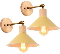 2 pezzi Lampade da Parete Interno Moderna Applique da Parete E27 Industriale Vintage Lampada a Muro Retrò in Metallo ø22cm Ruotabile 180° per Cucina Camera da Letto Soggiorno (Giallo chiaro con legno)