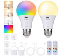 2 Pezzi Lampadine Ricaricabili con 2 Telecomando Lampadina Ricaricabile USB Led E27 2500mAh Batteria Dimmerabile Cordless 3 Temperature Colore 8 RGB con Timer Touch Rimovibile Ganci + 4 Ganci Adesivi