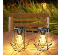2 Pezzi Lanterne Solari da Esterno, Lanterna da Giardino in Metallo con Lampadine LED, Lanterna a LED con Gancio e Catena Auto ON/OFF, IP65 Impermeabile, per Terrazza Patio Balcone Decorazione
