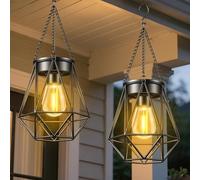 2 Pezzi Lanterne Solari da Esterno, Lanterna da Giardino in Metallo con Lampadine LED, Lanterna a LED con Gancio e Catena Auto ON/OFF, IP65 Impermeabile, per Terrazza Patio Balcone Decorazione