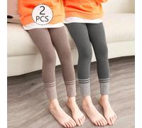 2 pezzi Leggings Capri da ragazza, a blocchi di colore grigio e cachi, con motivo a righe, minimalista, alla moda, versatile, adatto per uso quotidiano, studenti, primavera, autunno, tutto l'anno Grig