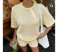 2 pezzi Maglietta a maniche corte a righe e pantaloni a vita elastica a righe, set a maglia primaverile/estivo, crema giallo, outfit casual, abbigliamento da casa, pigiama, pigiama di Natale per la fa