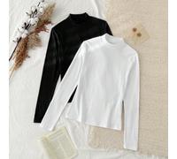 2 pezzi Magliette a manica lunga aderenti con collo alto, adatte per l'autunno/inverno. Versatili per l'uso quotidiano, 95% cotone, per interni ed esterni, stile vintage, soft girl, per uscite, casa, 