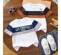 2 pezzi Magliette a maniche corte semplici ma alla moda per ragazzi, base bianca con grigio blu e base bianca con marrone nero, adatte per uso quotidiano, parco, all'aperto, ritorno a scuola 6Y,7Y,4Y,