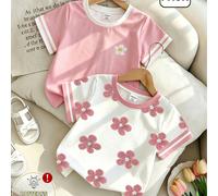 2 pezzi magliette estive casual comode e versatili per ragazze giovani, stile minimalista fresco e dolce, personalizzate e carine, con colletto e polsini a contrasto rosa & bianco, stampa floreale int