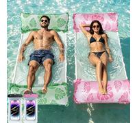 2 Pezzi Materassino Mare XL,4 in 1 Amaca Galleggiante,Amaca Gonfiabile da Mare Portatile con Custodia impermeabile per telefono,per Adulti Bambini Piscina Spiaggia,Accessori Piscine Estivi(Verde/Rosa)