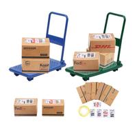 2 Pezzi Miniature, Carrello a Mano Wichtel Zubehör con 10 Scatole di Cartone, Wichtel Set per Mobili per Case Delle Bambole e Natale (Verde, Blu)