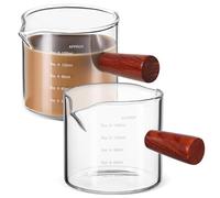 2 Pezzi Misurino in Vetro Borosilicato con Manico in Legno 150 Ml | Bordo Arrotondato, Doppio Beccuccio, Graduazioni Chiare, per Sciroppo e Crema, Uso Accanto alla Macchina Espresso