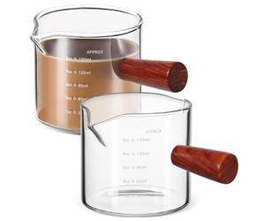 2 Pezzi Misurino in Vetro Borosilicato con Manico in Legno 150 Ml | Bordo Arrotondato, Doppio Beccuccio, Graduazioni Chiare, per Sciroppo e Crema, Uso Accanto alla Macchina Espresso