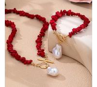 2 pezzi Nuovo set di gioielli in stile cinese con pietre rosse brillanti e perle barocche, collana e bracciale con chiusura OT di design di nicchia, set di gioielli regalo per le vacanze Tagli UnicaPi