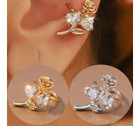 2 pezzi Orecchini a molletta eleganti di alta qualità con texture intrecciata, con rose 3D e cuori incastonati di zirconia, adatti per donna, senza necessità di foratura, possono essere indossati con 