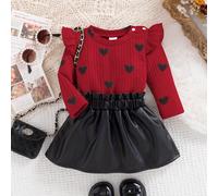 2 pezzi Outfit casual di moda per neonata - Top a maniche lunghe con stampa a costine color cachi e decorazione a cuore nera abbinato a gonna nera, adatto per servizi fotografici, stile di strada, uso