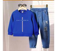 2 pezzi Outfit casual e alla moda per ragazzi giovani, composto da felpa girocollo nera con grafica della scritta "California" e jeans in denim, set di abbigliamento autunnale 6Y,7Y,4Y,5YBlocchi di co